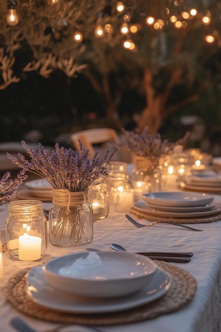 Photophores d’été DIY en pots de verre recyclés, décorés de raphia et de lavande sur une table naturelle.