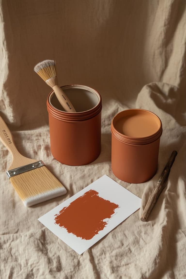 Pot de peinture terracotta ouvert avec pinceaux, spatule en bois et échantillon peint sur une carte blanche.