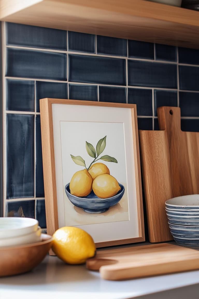 Affiche citron encadrée posée contre une crédence en carreaux bleu foncé avec planches en bois et vaisselle bleue.