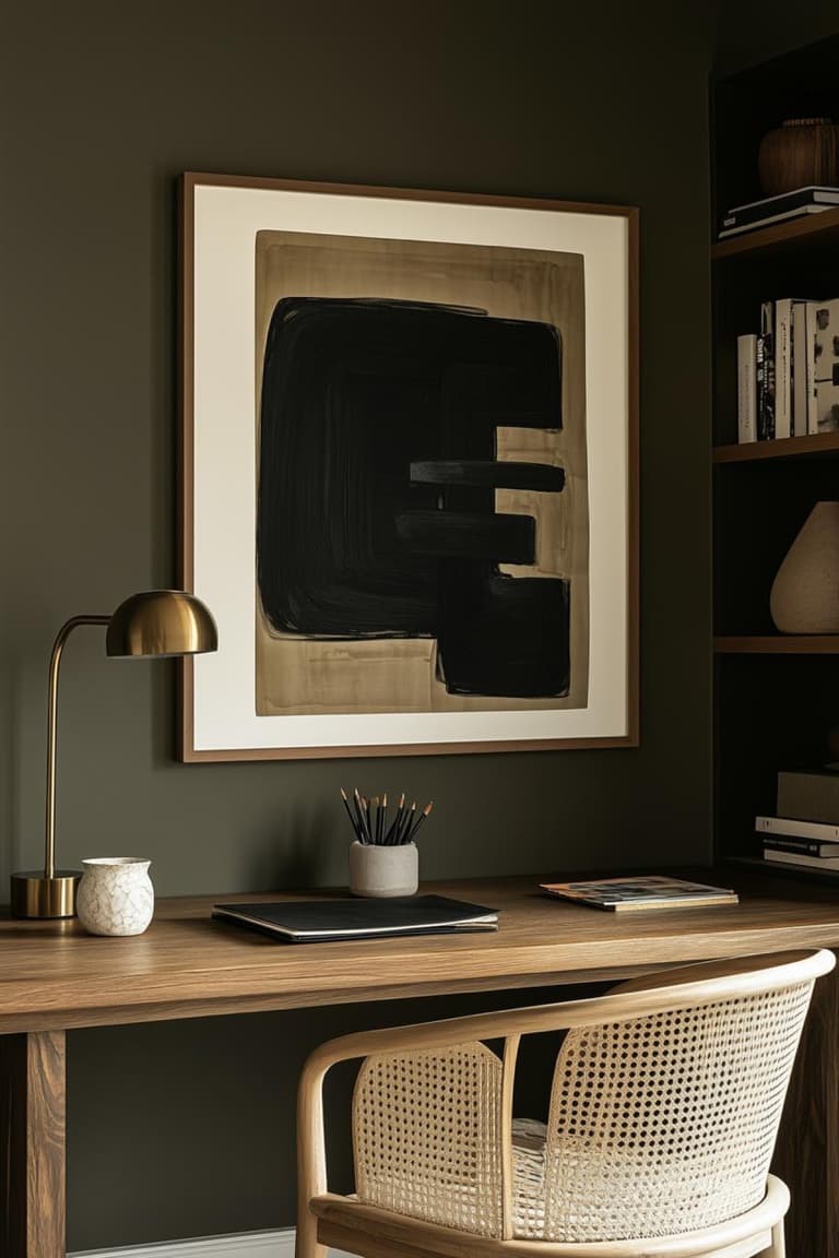 Bureau en bois avec chaise cannée, mur vert olive et grand tableau abstrait beige avec larges touches noires