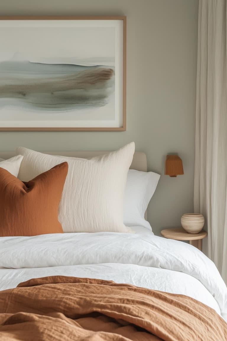 Chambre minimaliste avec linge de lit blanc, plaid rouille et grand tableau abstrait aux tons sauge et beige