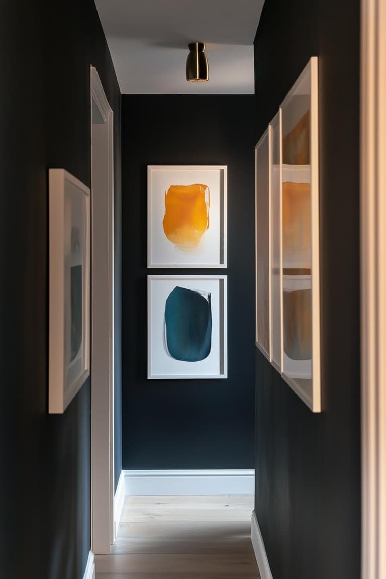 Couloir étroit peint en noir avec parquet clair, cadres abstraits et petite suspension noire et dorée.