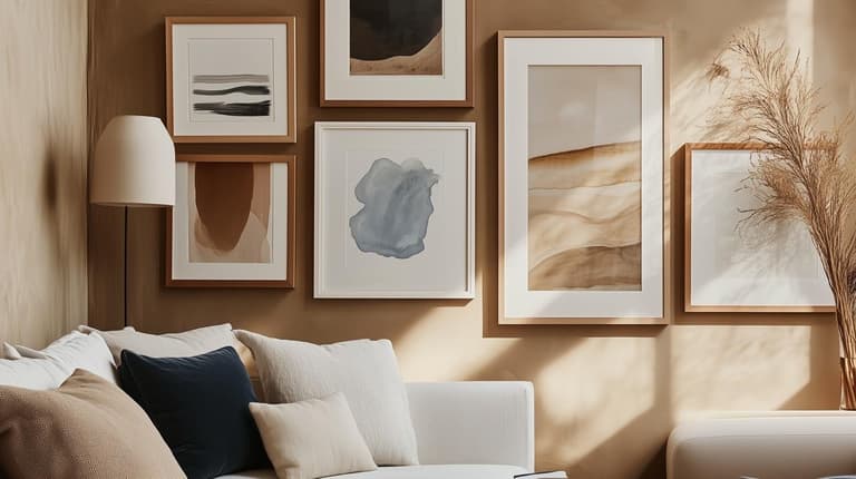 Salon beige lumineux avec canapé crème, coussins neutres et galerie de tableaux abstraits encadrés en bois clair