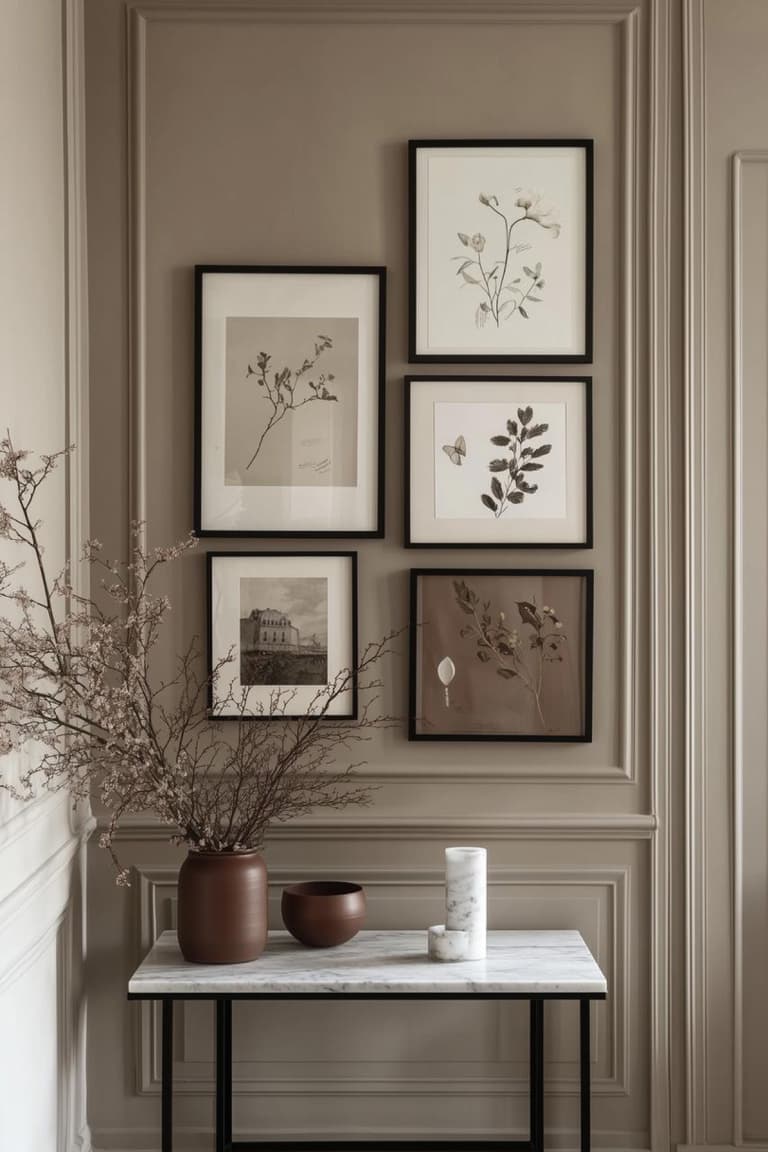 Mur taupe avec moulures et composition de cinq tableaux botaniques encadrés en noir au-dessus d’une console en marbre