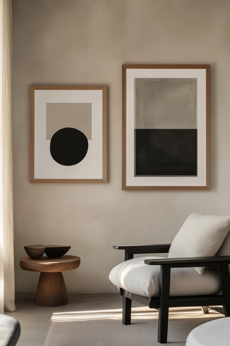 Coin salon beige avec deux tableaux abstraits encadrés en bois clair, une table ronde en bois et un fauteuil lounge crème à structure noire