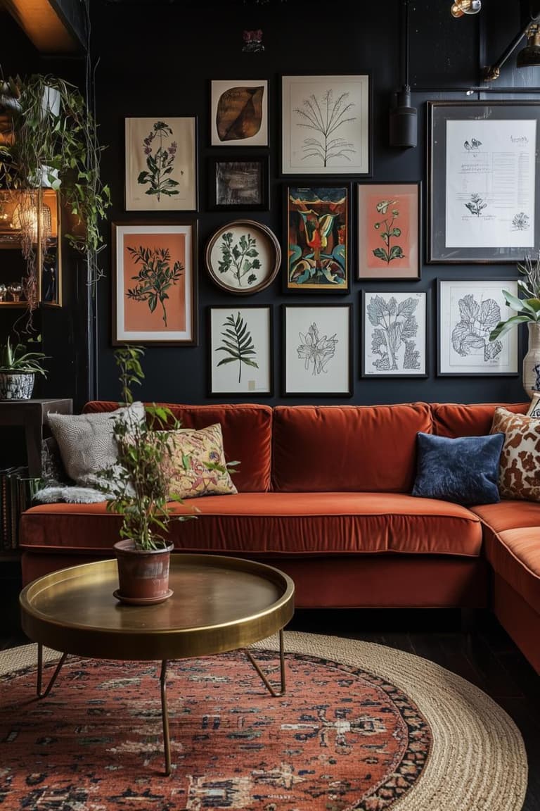 Salon sombre avec canapé d’angle en velours rouille, mur noir et composition de tableaux botaniques encadrés.