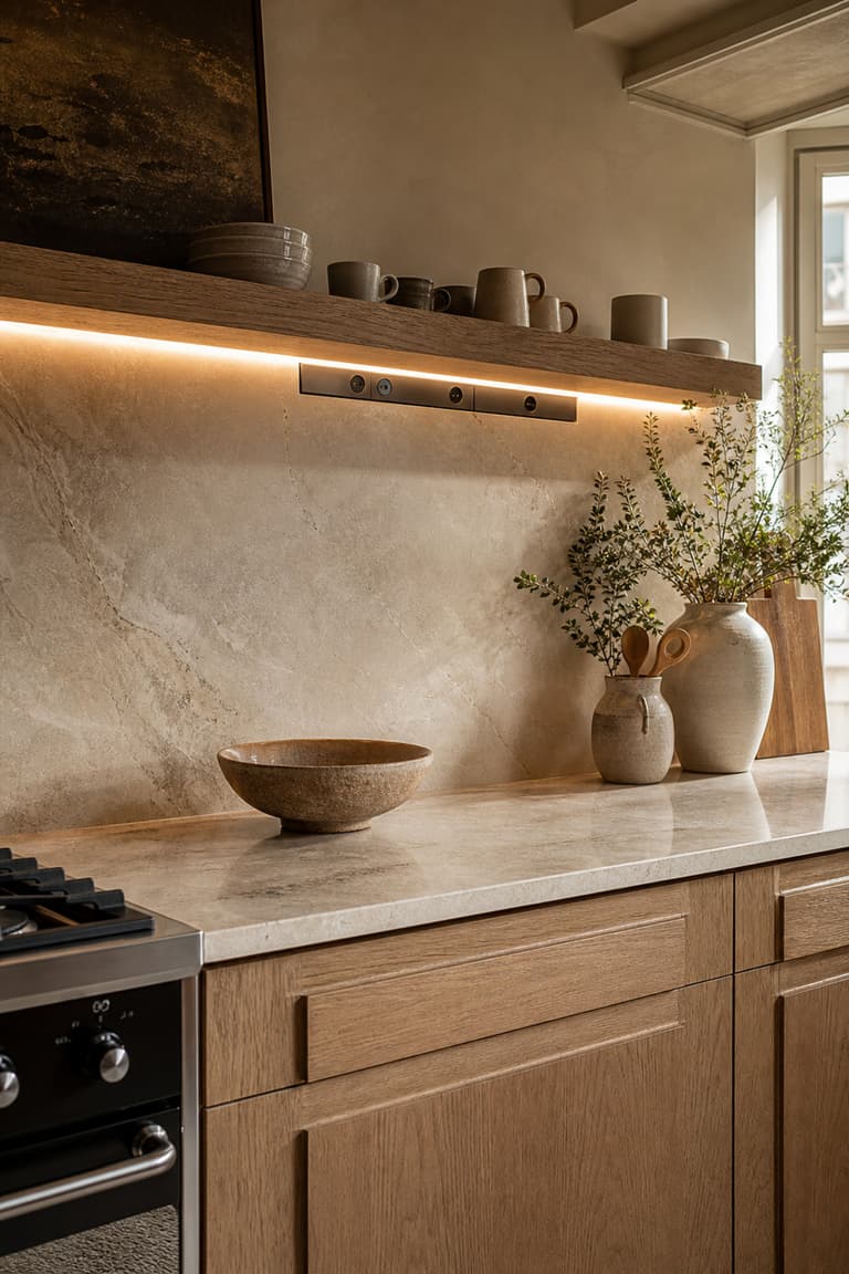 cuisine en bois et pierre avec prises intégrées dans la crédence sous une étagère et éclairage LED discret