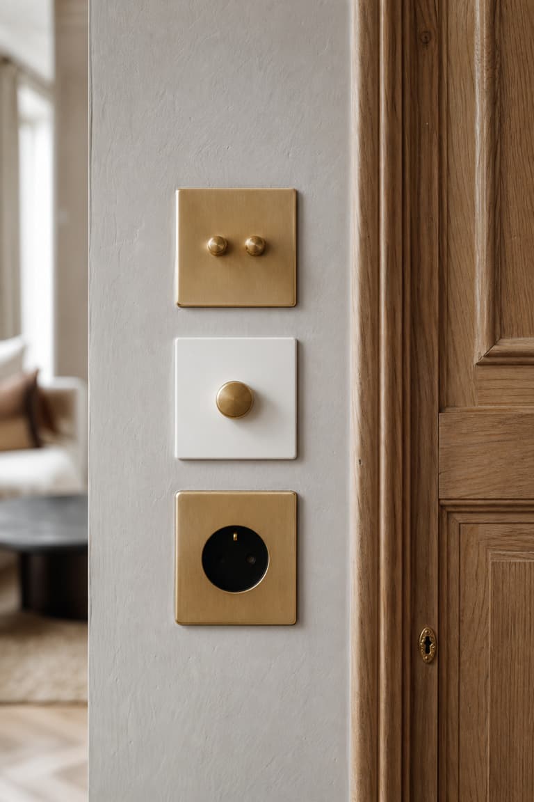 détail de prises et interrupteurs design en laiton et blanc mat alignés sur un mur clair près d’une porte en bois
