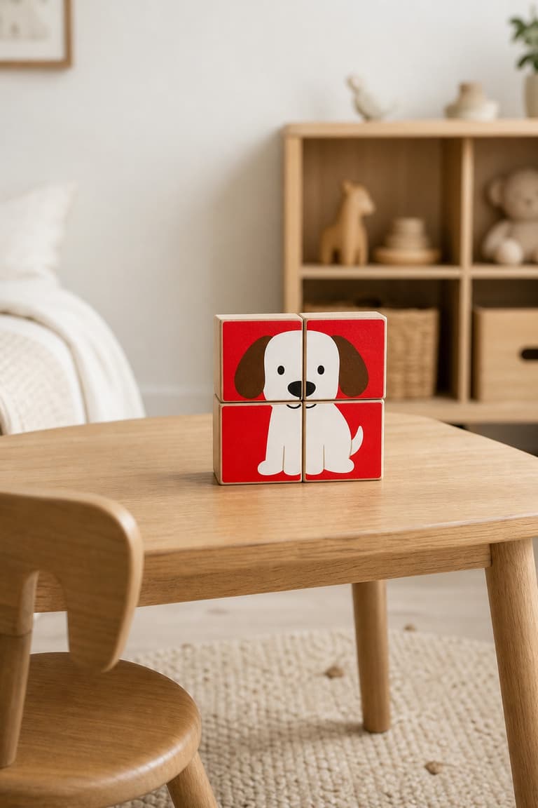 puzzle en cubes de bois formant un chien sur fond rouge dans une chambre d’enfant