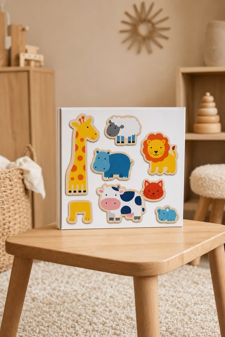 puzzle magnétique animaux en bois avec girafe, hippopotame et vache dans une chambre d’enfant