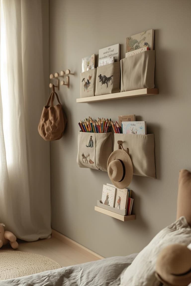 Rangement mural en tissu et petites étagères en bois pour livres, crayons, cartes illustrées et accessoires dans une chambre d’enfant aux tons naturels.