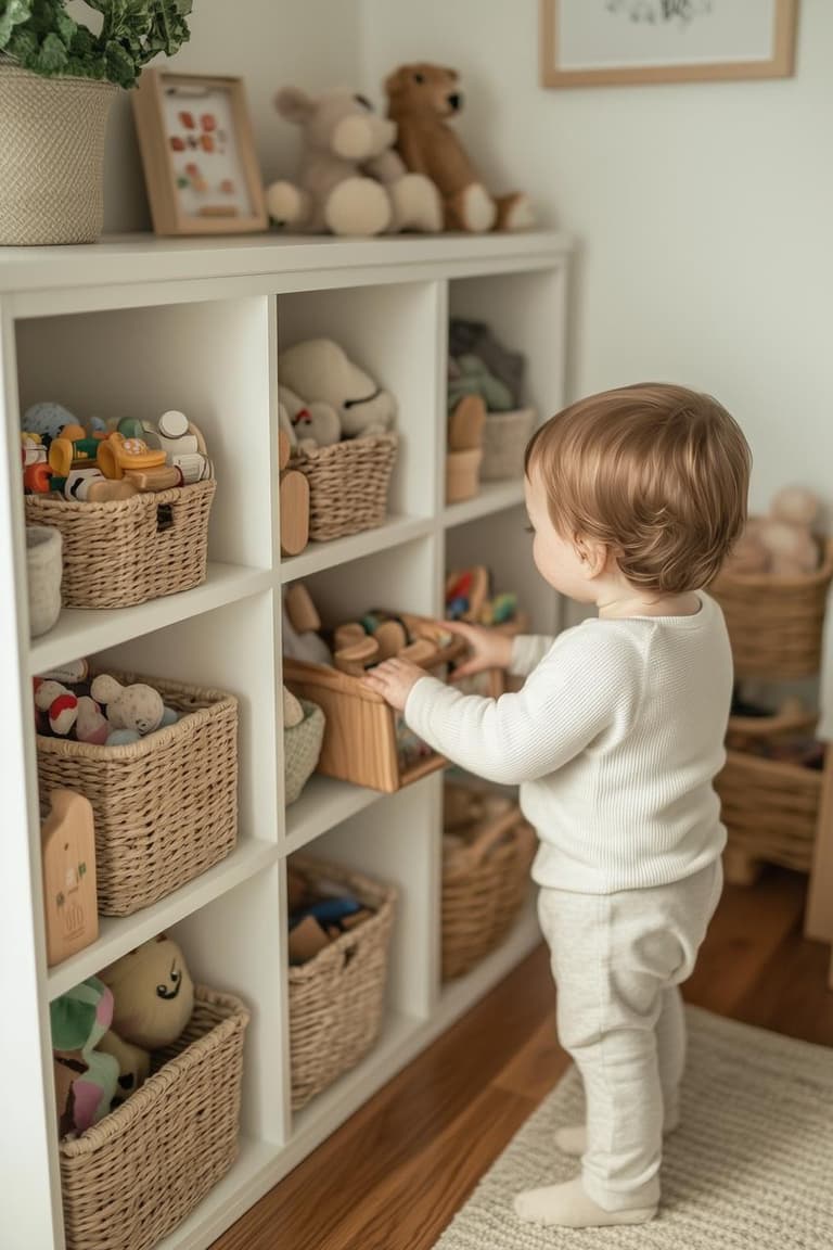 Enfant debout devant un meuble bas à casiers avec paniers tressés remplis de jouets, dans une chambre douce et lumineuse pensée pour le rangement autonome.