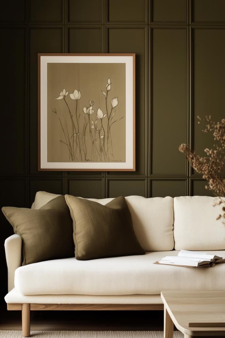 canapé crème avec coussins olive devant un mur vert mouluré, affiche botanique encadrée en bois et fleurs séchées au premier plan