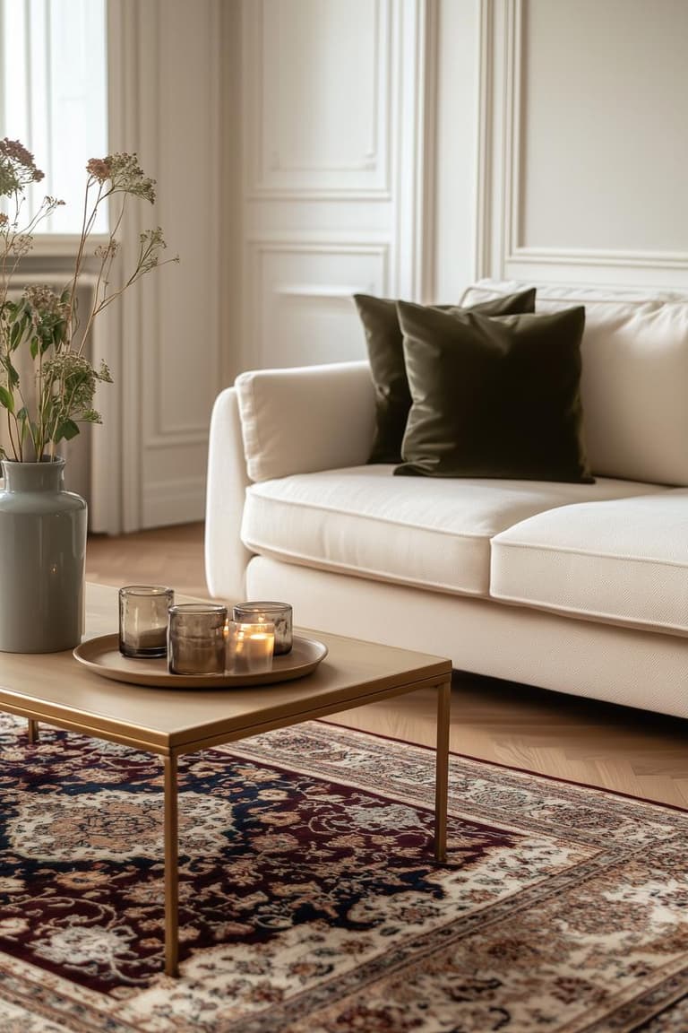 salon lumineux avec canapé blanc, table basse dorée, bougies et tapis persan rouge