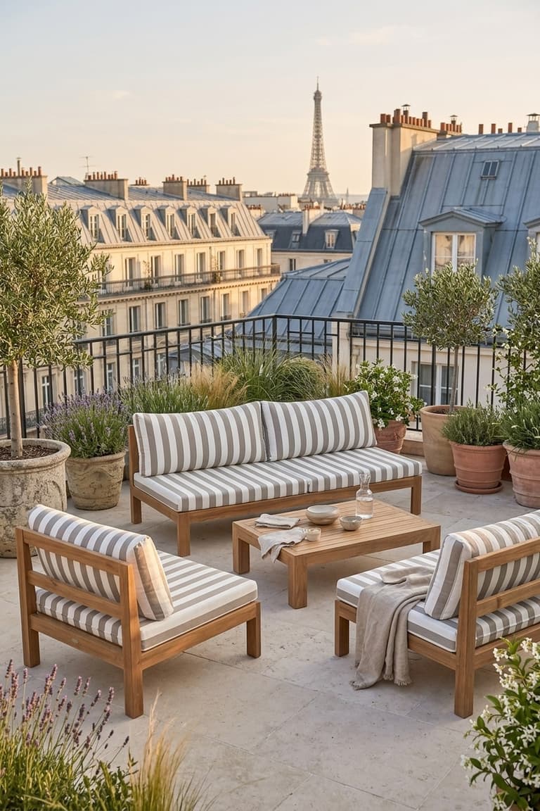 Salon de jardin PALMA rayé en teck massif sur une terrasse lumineuse avec assises rayées, table basse et oliviers