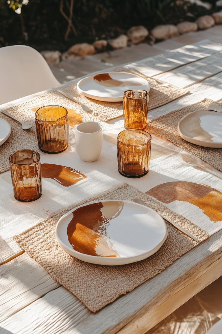 Sets de table faits main avec motifs abstraits ocre et terracotta sur une table d’été en lin naturel.