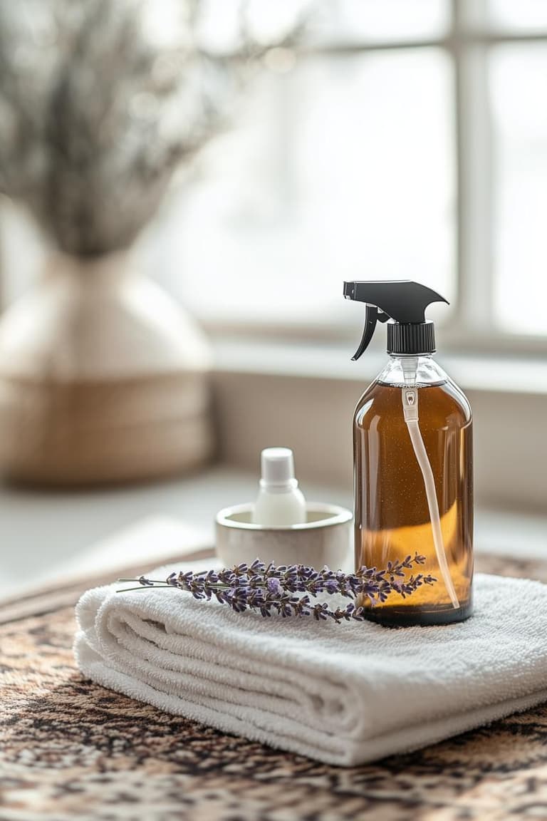 flacon spray ambré, serviette blanche et brins de lavande posés sur un tapis pour nettoyer naturellement