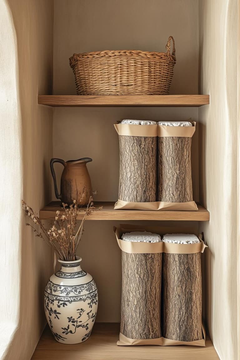 bûches compressées avec enveloppe écorce rangées au sec sur des étagères en bois