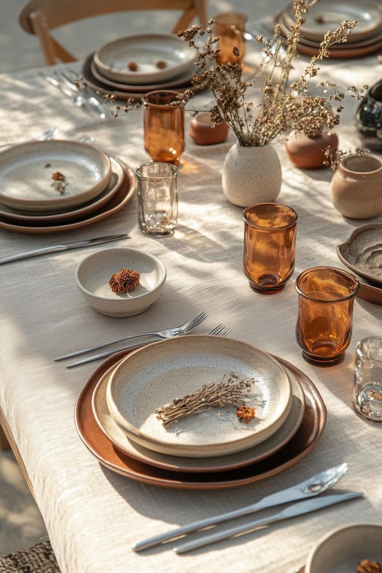Table d’été chic avec nappe en lin, vaisselle en céramique, verres ambrés et ambiance naturelle chaleureuse.