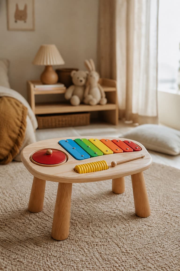 table d’éveil musical en bois avec xylophone et petits instruments dans une chambre d’enfant