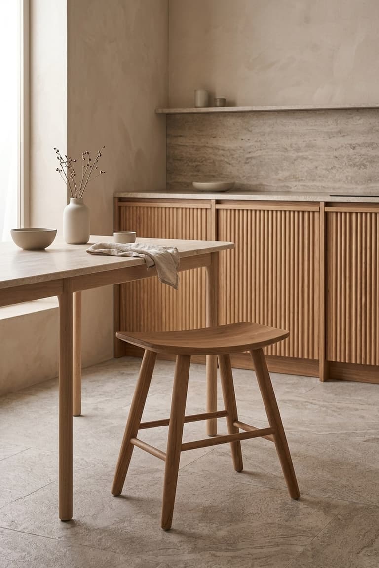 Tabouret AMBRE en teck massif avec assise fine près d’une table à hauteur normale dans une cuisine beige cannelée
