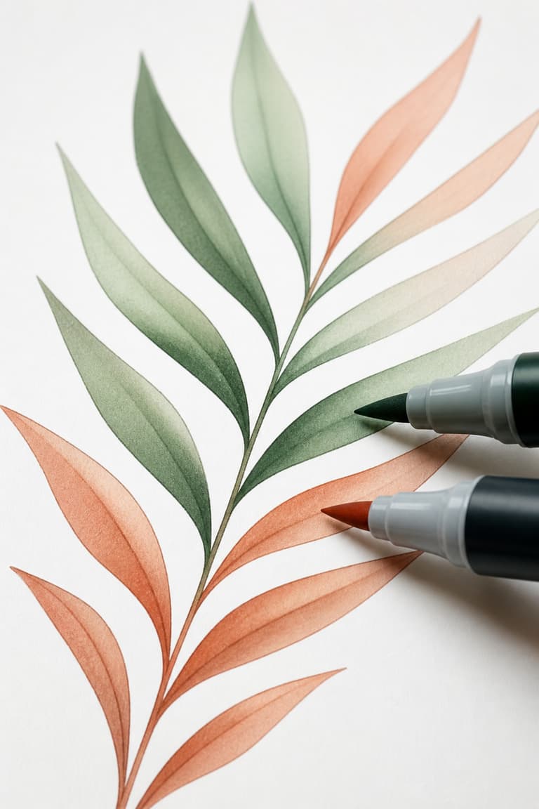 Détail macro de la technique de dégradé au feutre à alcool sur papier lisse, deux tons fusionnant harmonieusement sur une feuille botanique
