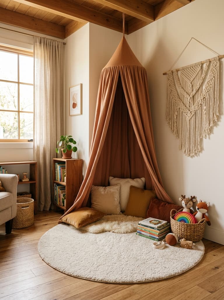 Coin lecture et jeu douillet avec ciel de lit, tapis rond, coussins et décoration murale texturée dans une chambre d’enfant.