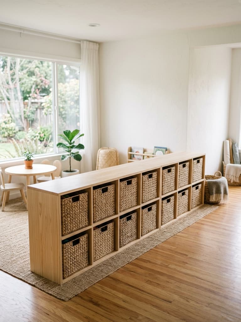 Meuble de rangement bas en bois avec paniers tressés, accessible à un enfant pour organiser les jouets dans sa chambre.