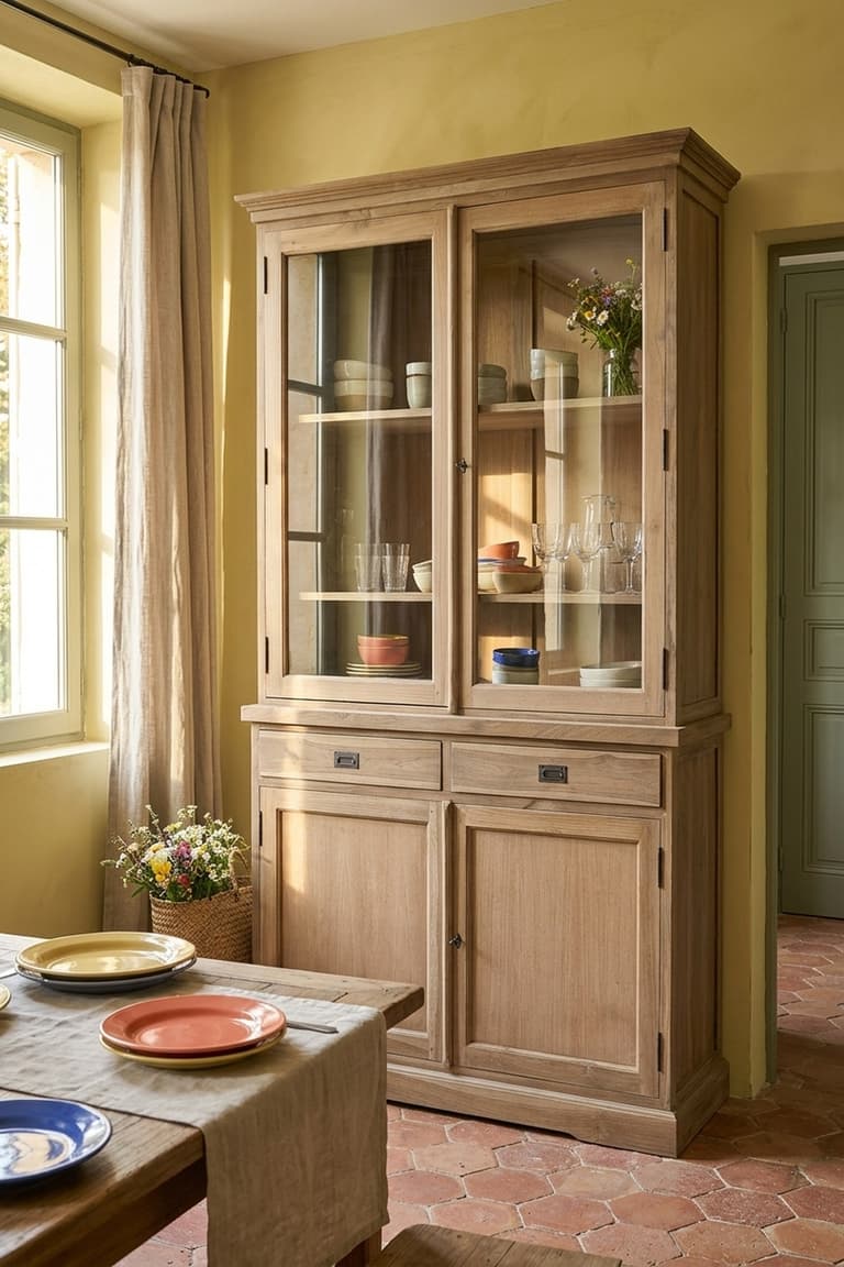 Vaisselier BOSTON en teck massif avec deux portes vitrées, deux tiroirs et deux portes pleines dans une salle à manger chaleureuse