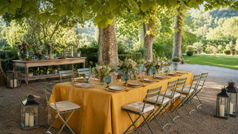 Table de garden party dressée sous les arbres avec nappe safran, vaisselle colorée, bouquets et lanternes