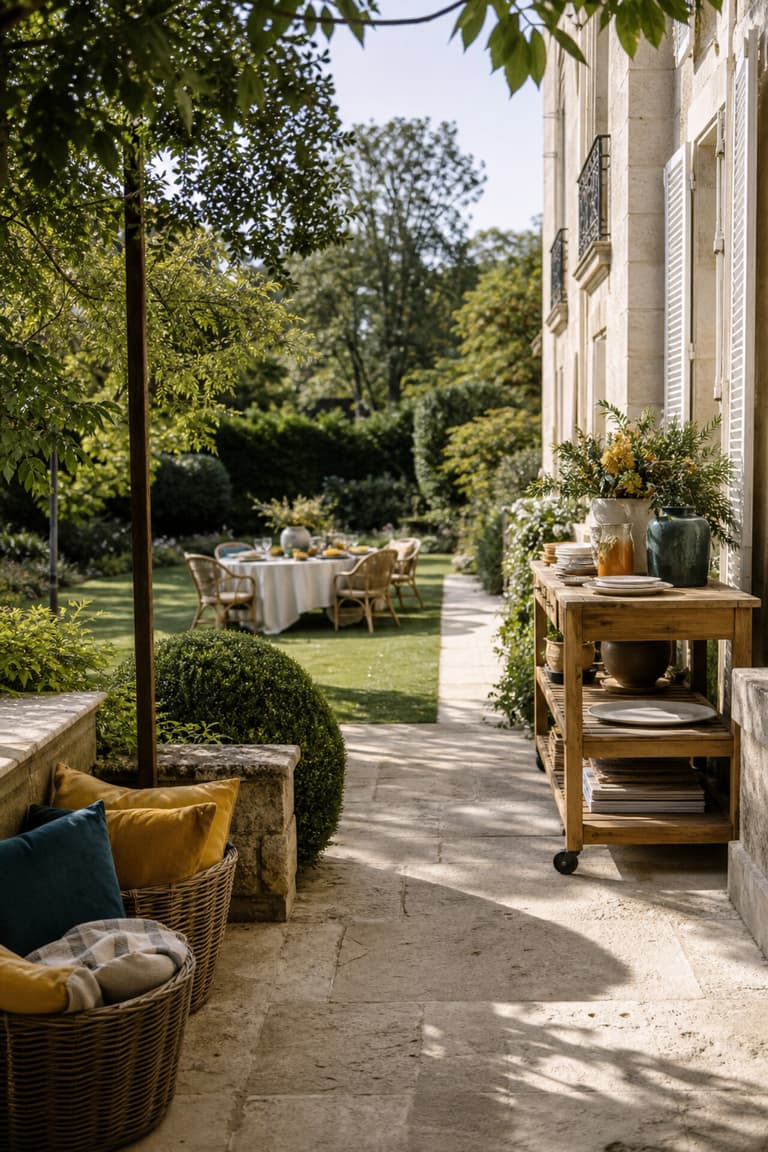 Aménagement d’une garden party avec table au jardin, buffet roulant, paniers de plaids et circulation dégagée