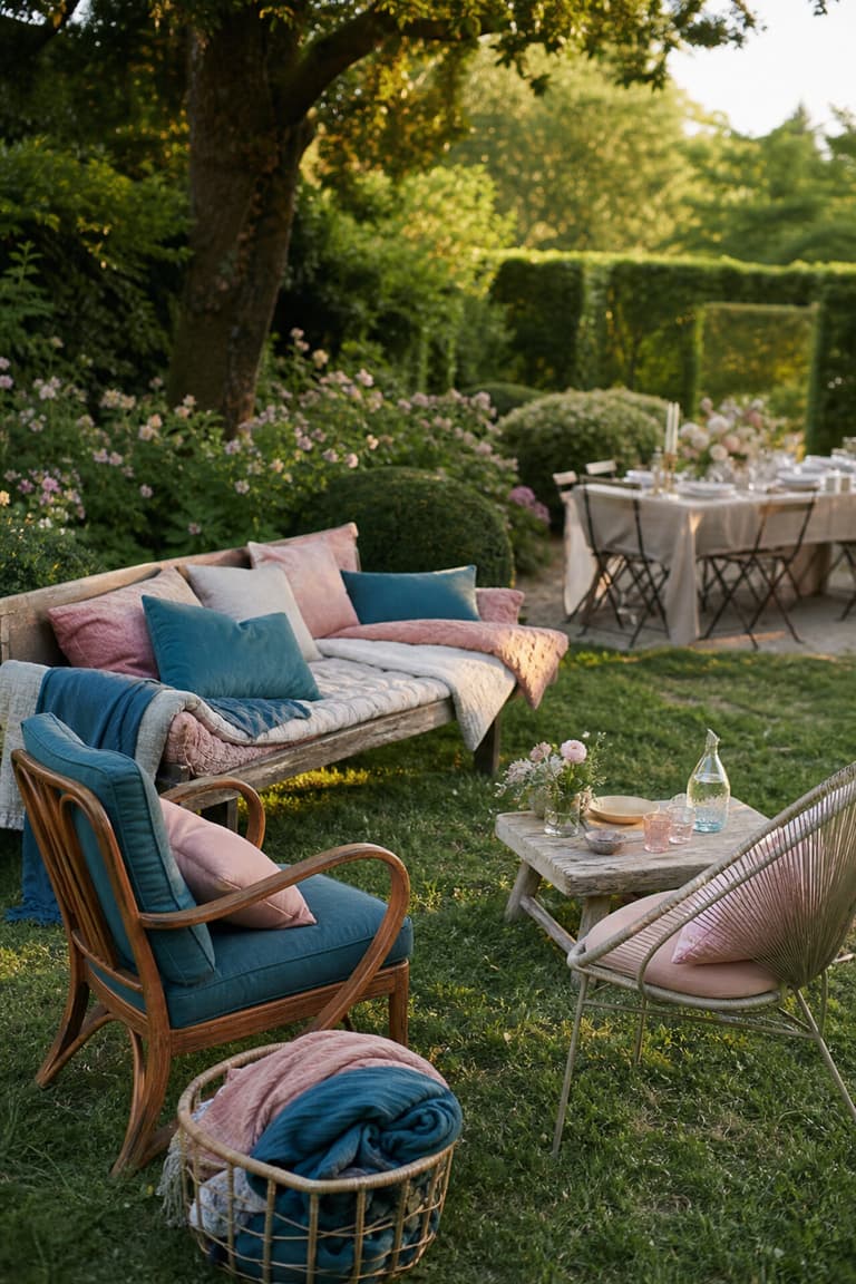 Coin détente dans l’herbe avec fauteuils dépareillés, banc en bois, coussins colorés, plaids et table basse