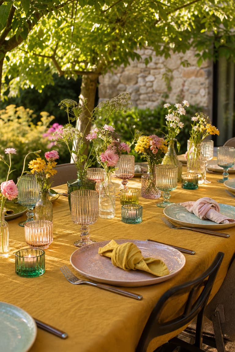 Table d’été avec nappe safran, vaisselle en grès, verres colorés et petits bouquets de fleurs du jardin