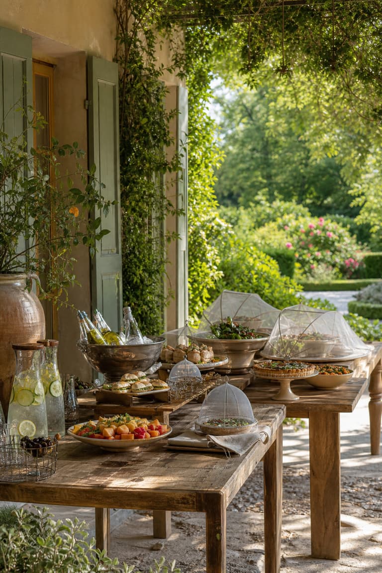 Buffet de garden party à l’ombre avec carafes d’eau aromatisée, salades, tartes salées, fruits et petits sandwichs