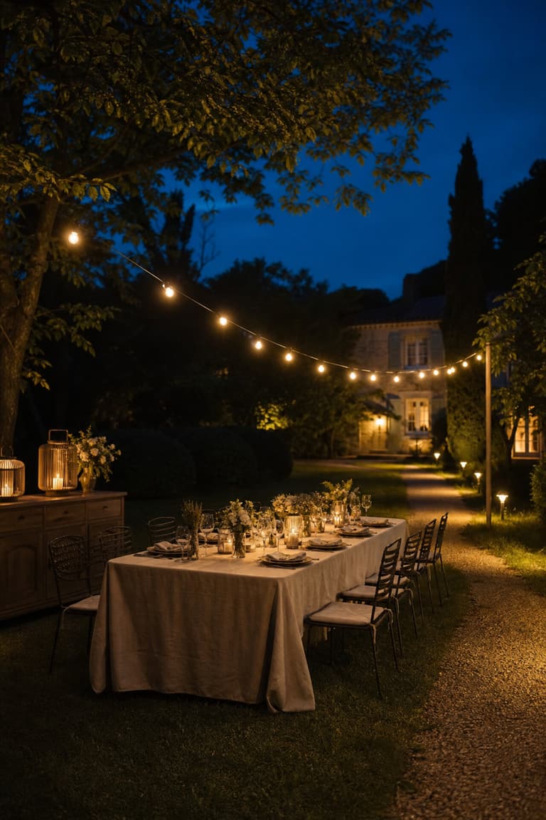 Garden party au crépuscule avec guirlande lumineuse, lanternes sur le buffet, table dressée et chemin éclairé