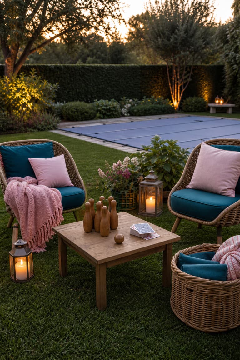 Coin détente avec fauteuils, plaids, quilles en bois et cartes devant une piscine fermée par sa couverture de sécurité