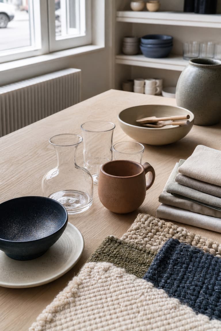 Table de boutique déco à Helsinki avec céramiques artisanales, verres soufflés, textiles en lin et échantillons de tapis
