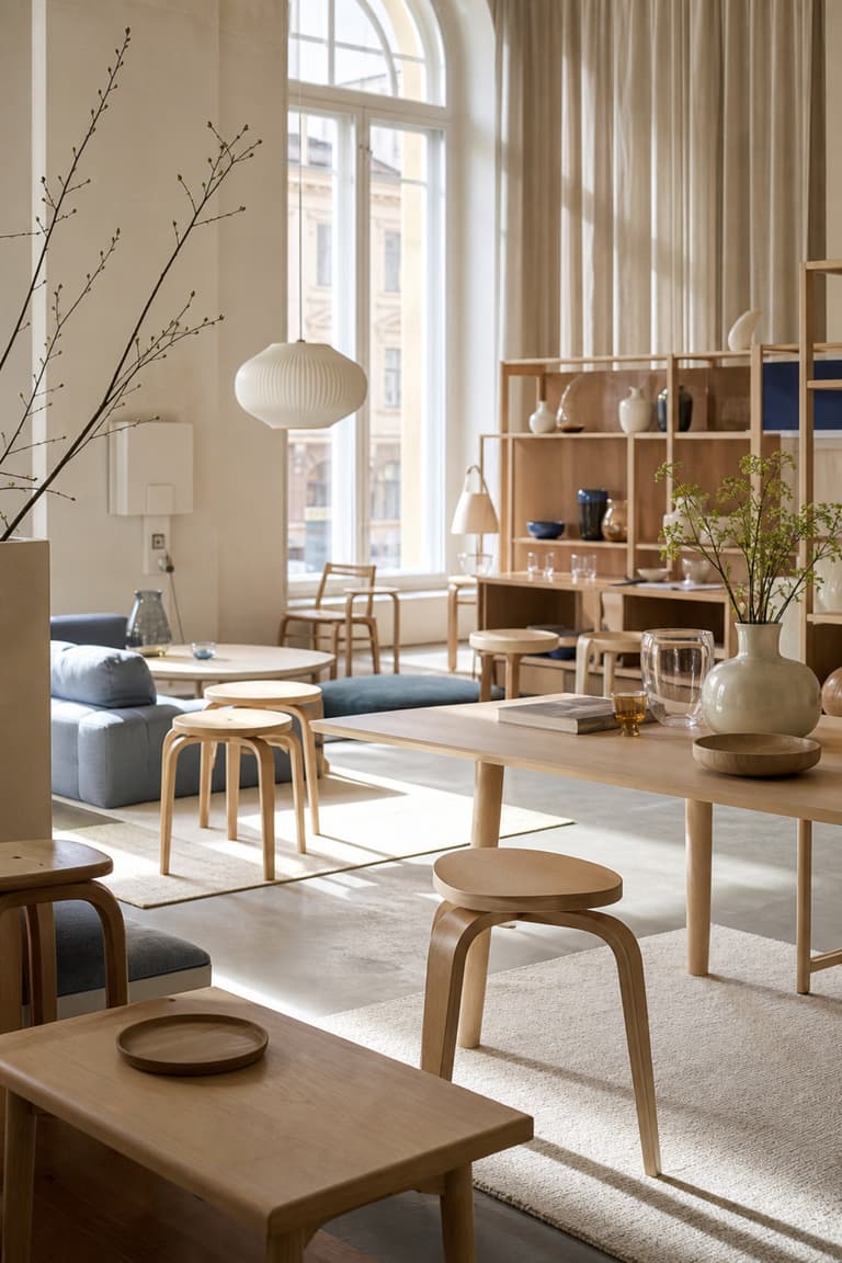 Showroom de design finlandais à Helsinki avec tabourets en bois courbé, tapis clair et céramiques minimalistes