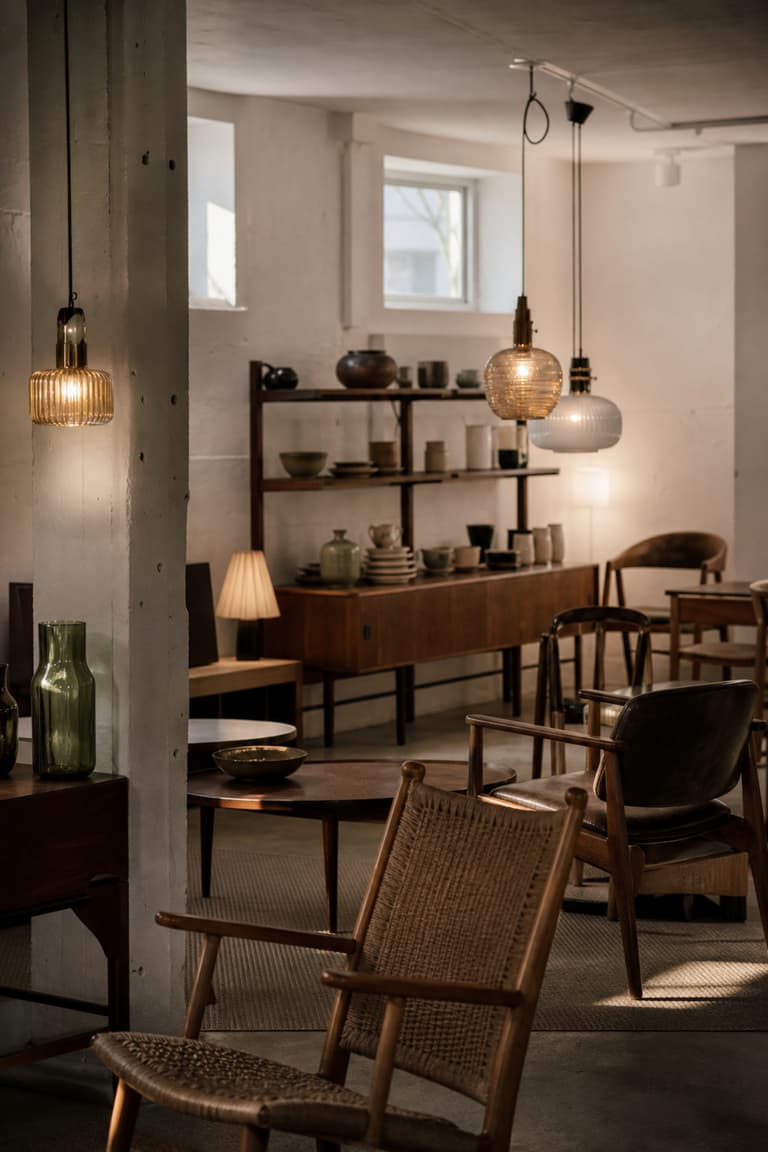 Boutique vintage de design nordique à Helsinki avec fauteuils en bois, suspensions anciennes et vaisselle en céramique