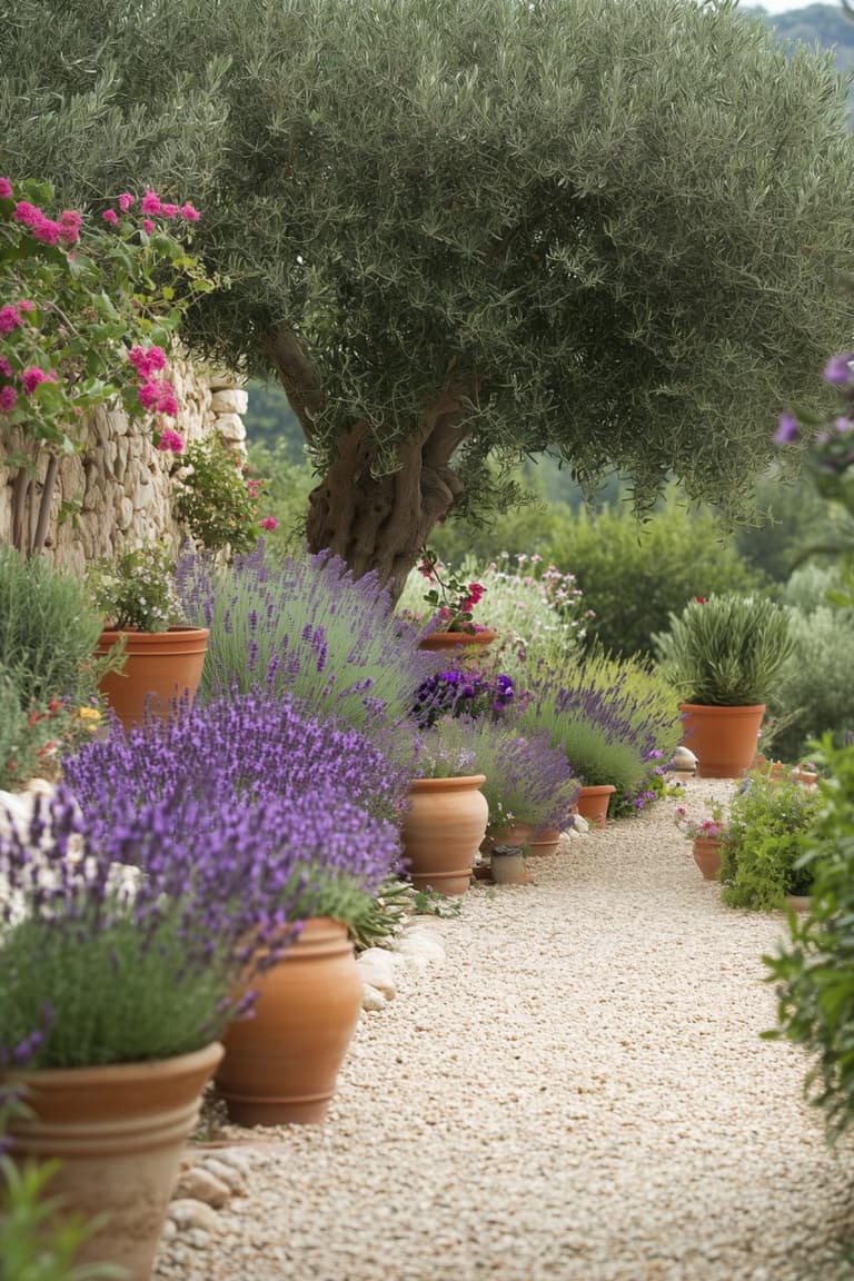 allée de jardin méditerranéen en gravier avec lavande, olivier, pots en terracotta, mur en pierre et fleurs roses