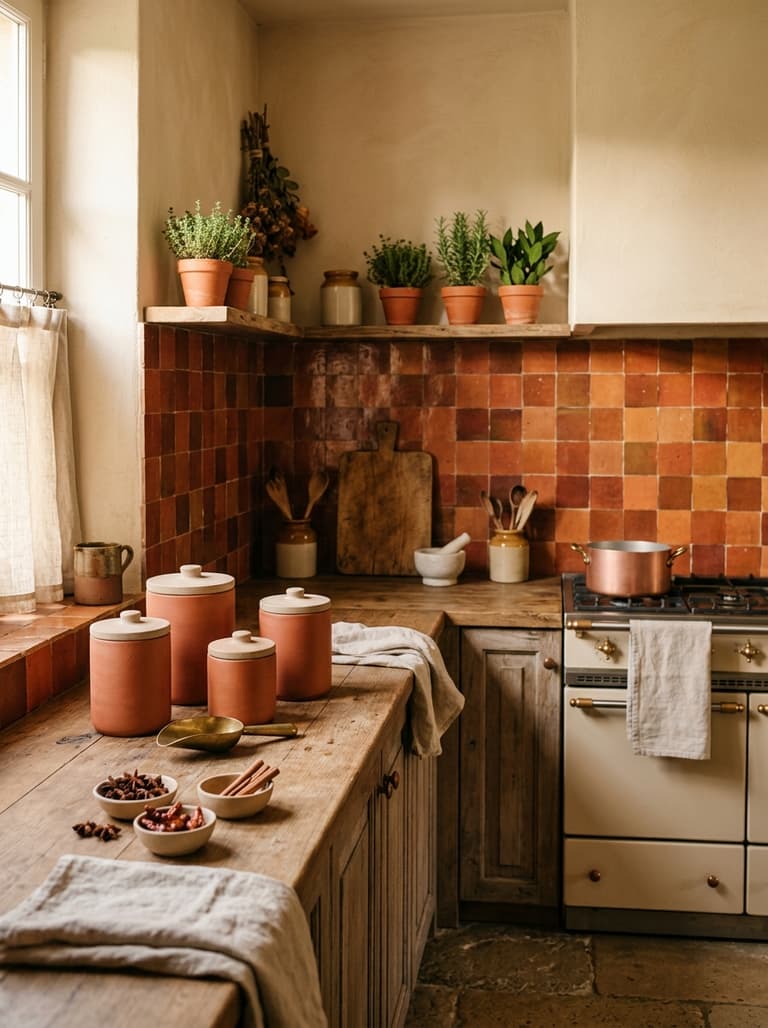 Cuisine décorée avec accessoires terracotta, verre ambré et touches rouille pour une ambiance automnale chaleureuse