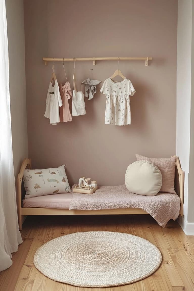 Banc en bois à hauteur d’enfant avec petite penderie murale, vêtements accessibles et tapis rond en fibres naturelles.