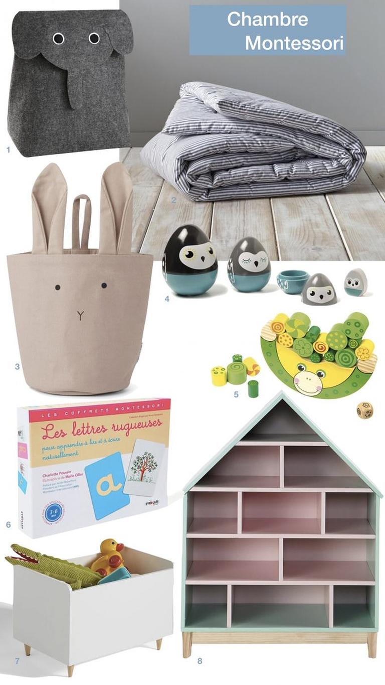 Sélection de textiles, jeux, livres et rangements bas pour aménager une chambre Montessori chaleureuse.