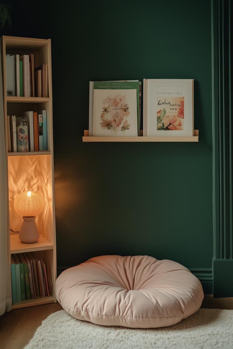 Coin calme avec coussin de sol rose poudré, livres présentés de face, bibliothèque basse et lampe douce devant un mur vert foncé.