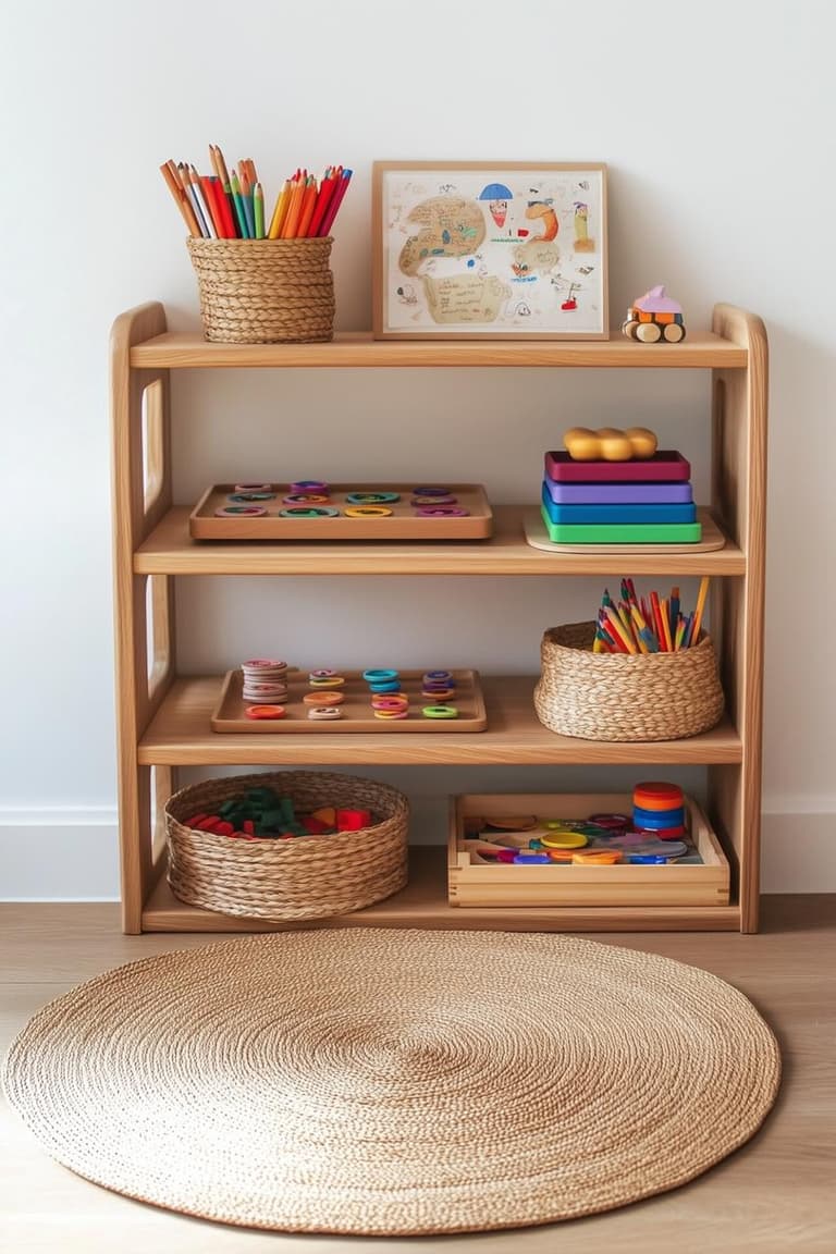 Aménagement chambre Montessori avec étagère ouverte en bois, activités créatives présentées sur des plateaux et paniers tressés.