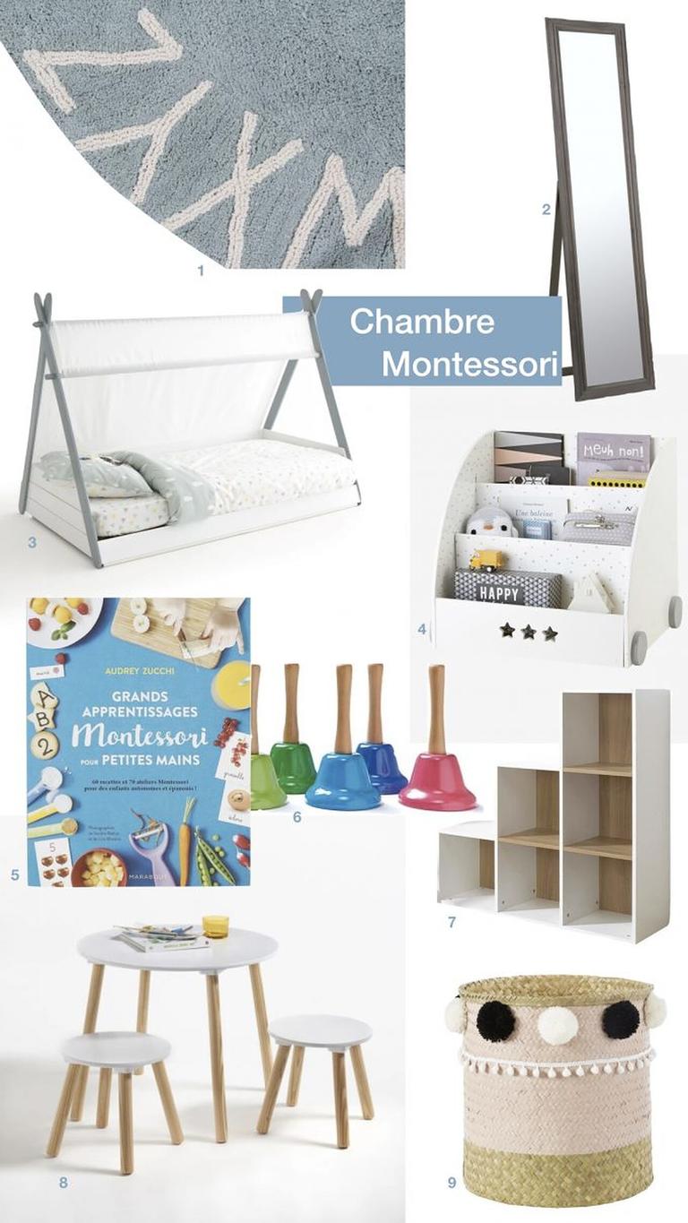 Sélection pour une chambre Montessori avec tapis, miroir, lit bas, bibliothèque, cloches musicales et table pour enfant.