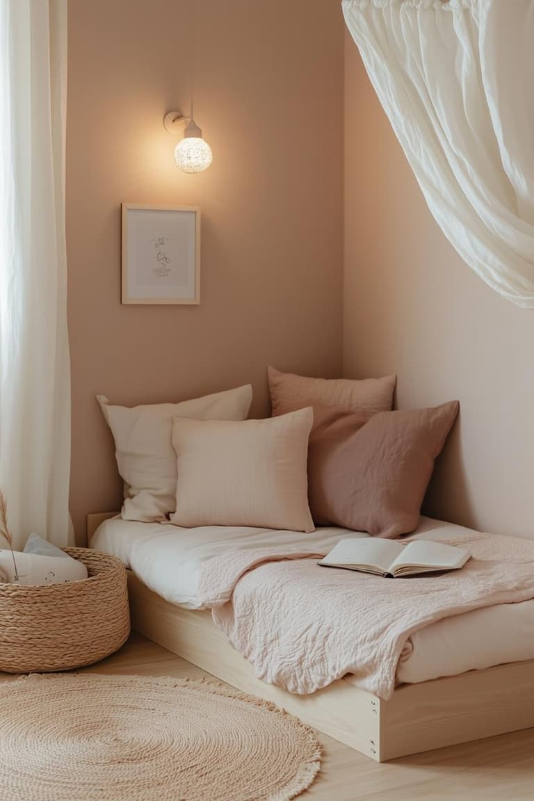Lit Montessori au sol entouré de coussins, ciel de lit blanc et tapis rond dans une chambre rose poudré.