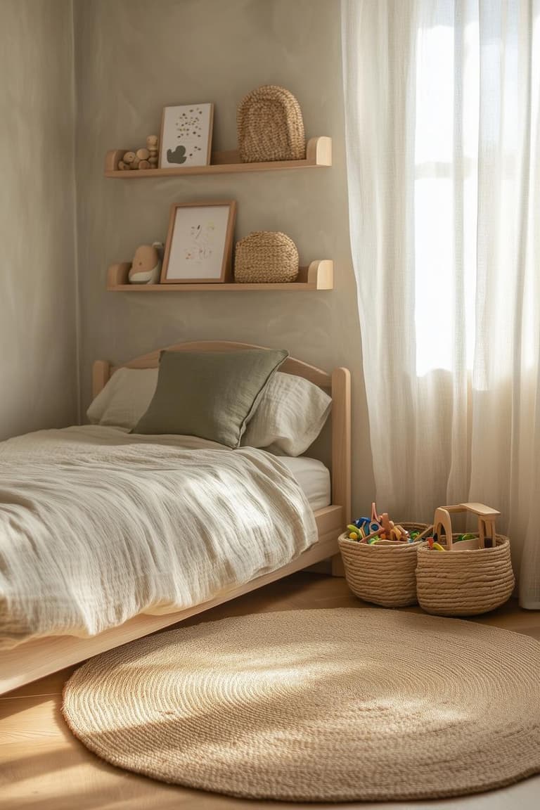 Lit bas en bois naturel avec paniers à jouets, étagères murales et grand tapis rond dans une chambre d’enfant lumineuse.