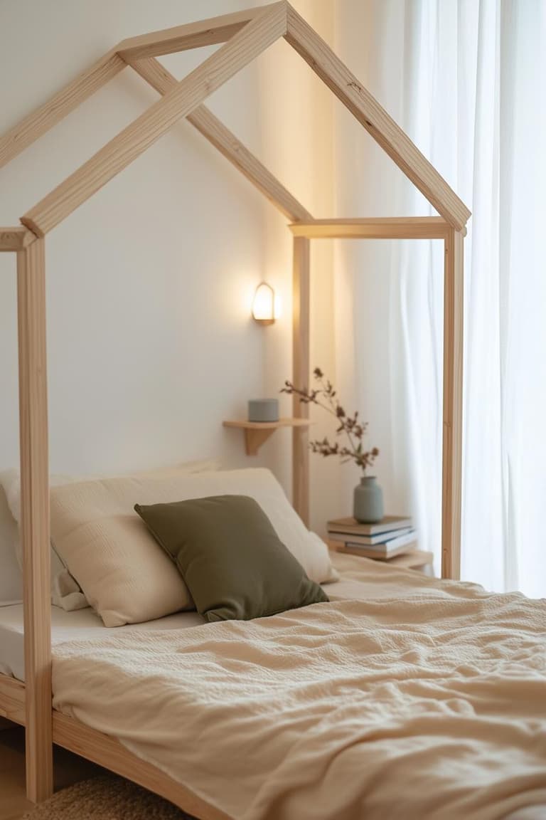Aménagement chambre Montessori avec lit cabane en bois naturel, linge de lit écru et petite tablette murale.