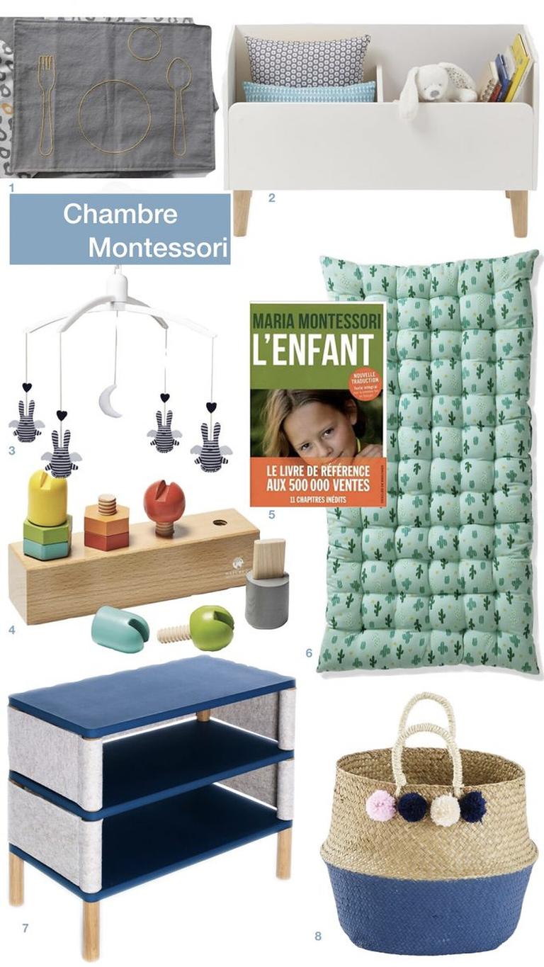 Sélection pour une chambre Montessori de bébé avec mobile, livre, jeu d’encastrement, coussin de sol et rangements.